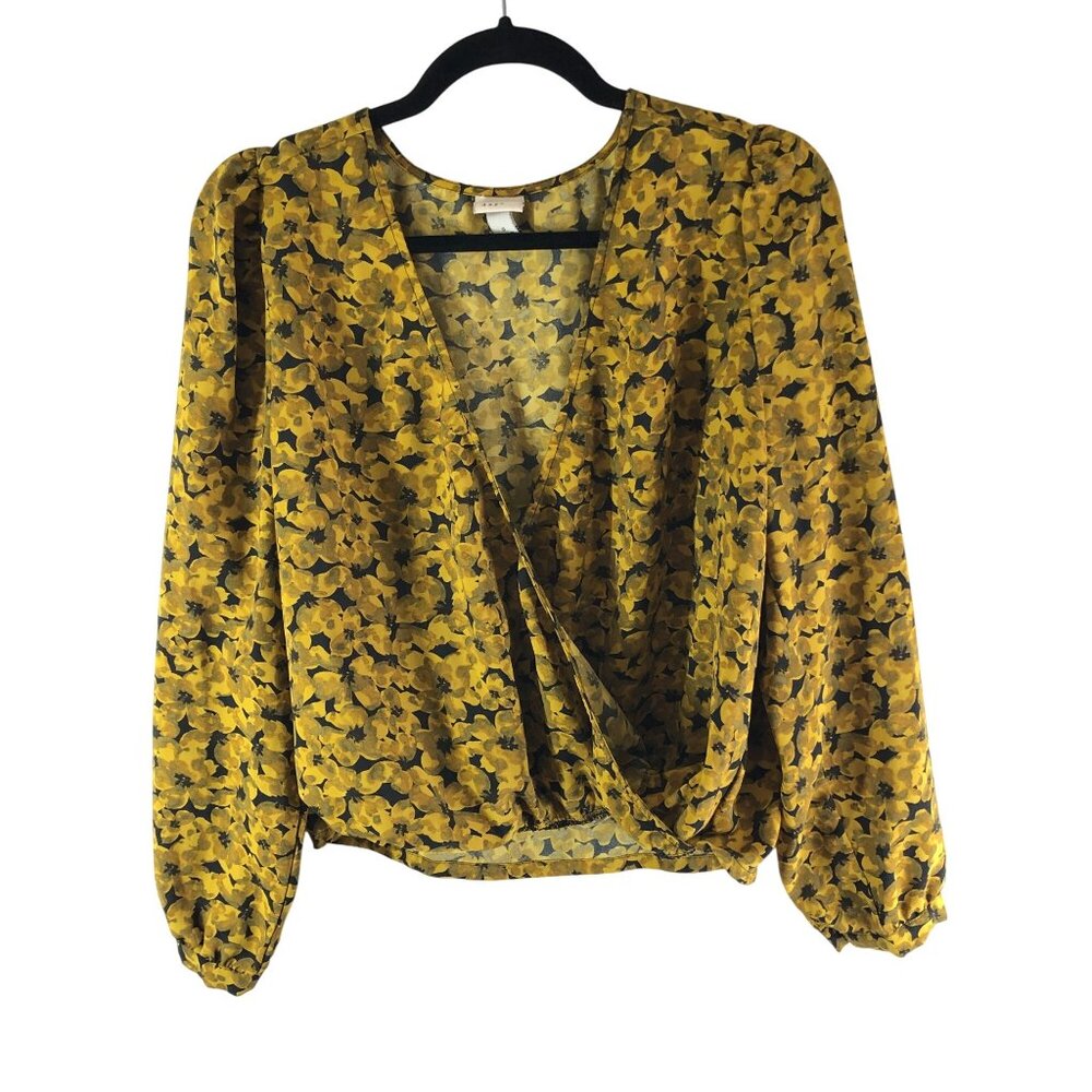 A New Day Yellow Black Floral Long Sleeve Faux Wrap Top Blouse S